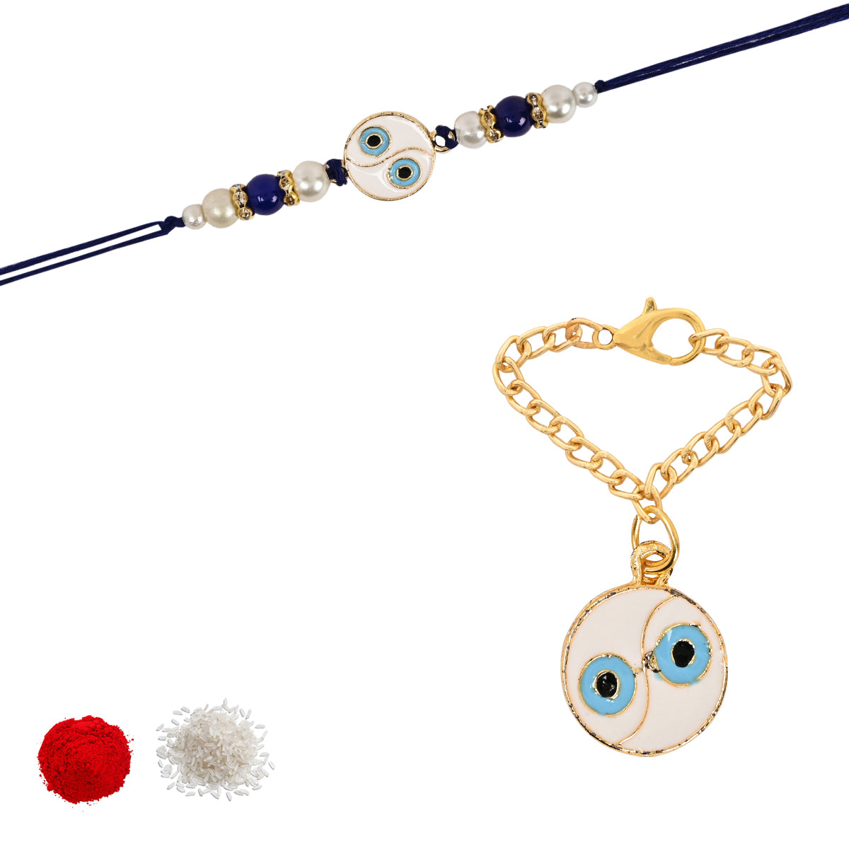 Round Shape Evil Eye Rakhi & Watch Charm Lumba (Watch Accesories) Combo With Roli Chawal & Rakshabandhan Card
