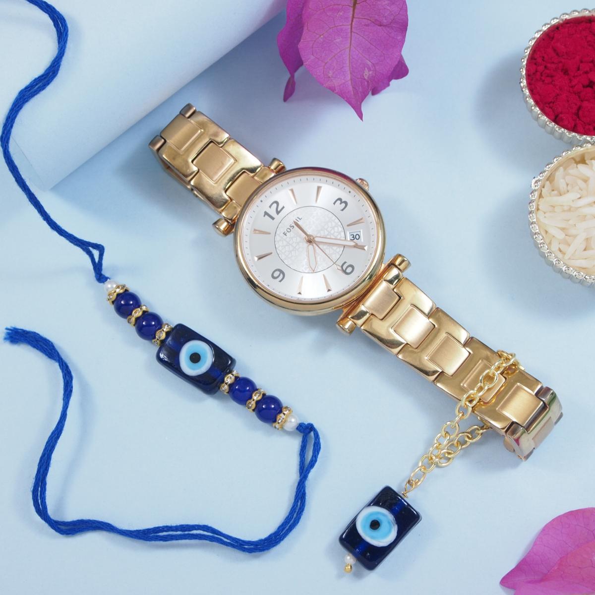 Square Shape Evil Eye Rakhi & Watch Charm Lumba (Watch Accesories) Combo With Roli Chawal & Rakshabandhan Card