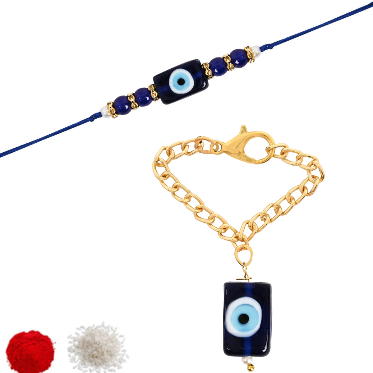 Square Shape Evil Eye Rakhi & Watch Charm Lumba (Watch Accesories) Combo With Roli Chawal & Rakshabandhan Card