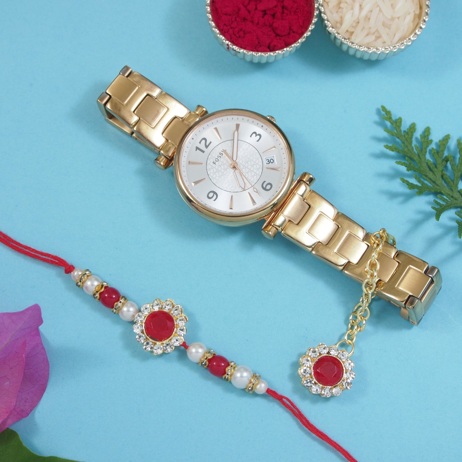 Red Pearl & Kundan Rakhi & Watch Charm Lumba (Watch Accesories) Combo With Roli Chawal & Rakshabandhan Card
