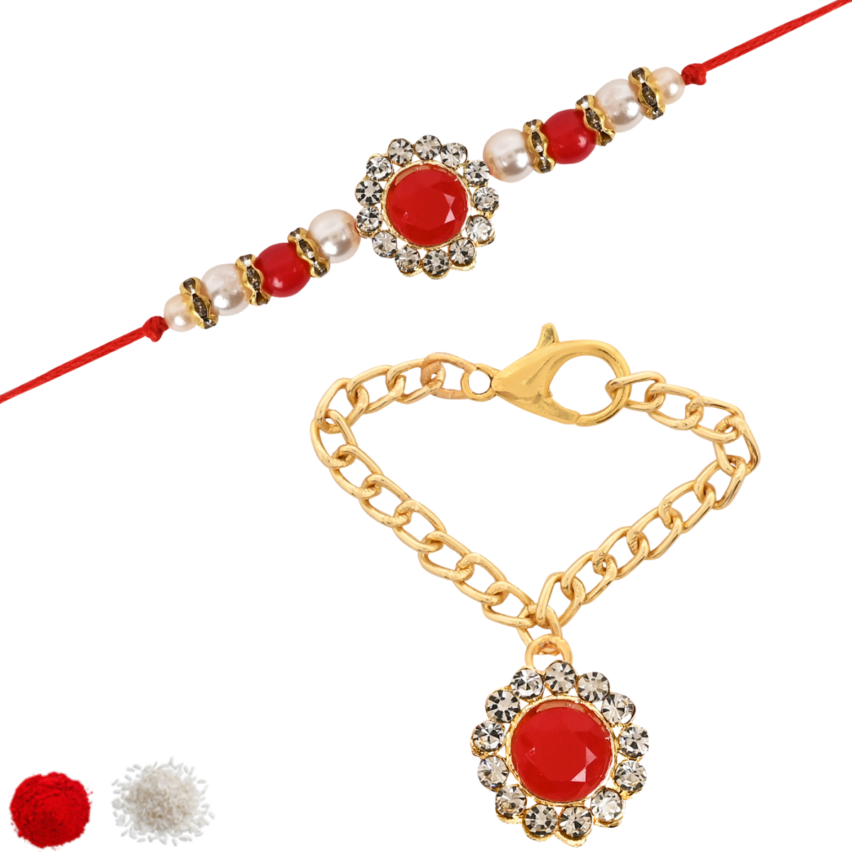 Red Pearl & Kundan Rakhi & Watch Charm Lumba (Watch Accesories) Combo With Roli Chawal & Rakshabandhan Card