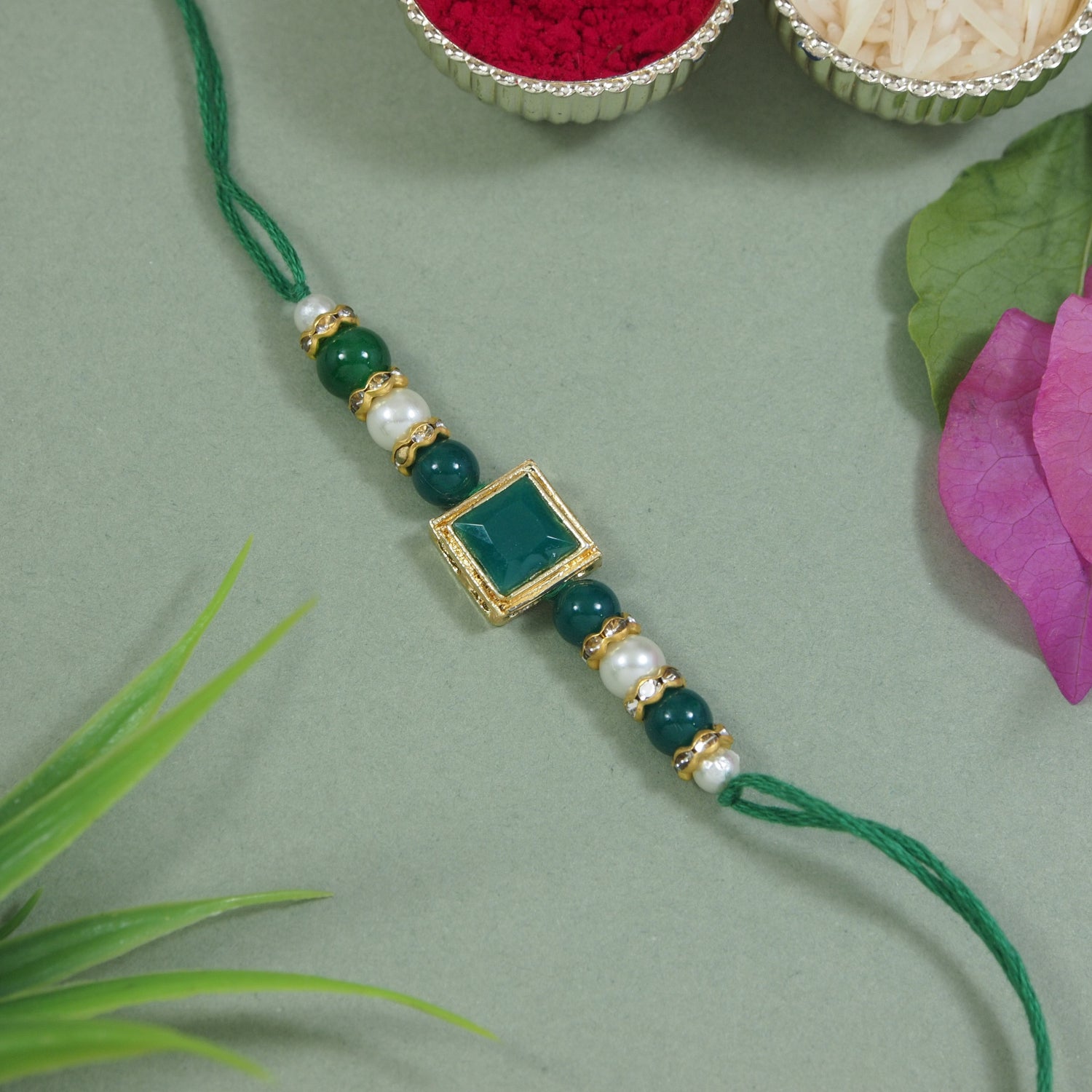 Delicate Pearl Beads Green Rakhi with Roli Chawal & Rakshabandhan Card