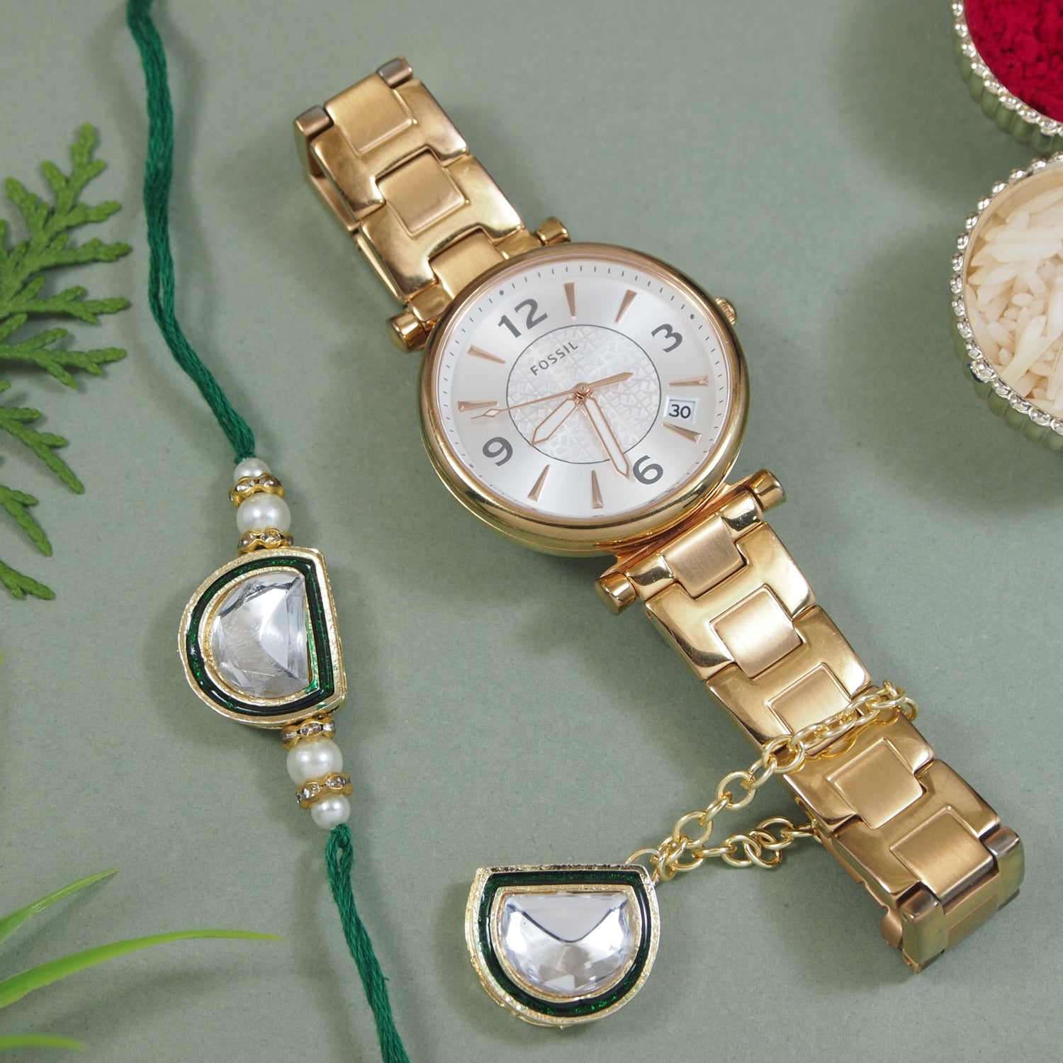 Green Pearl & Kundan Rakhi & Watch Charm Lumba (Watch Accesories) Combo With Roli Chawal & Rakshabandhan Card