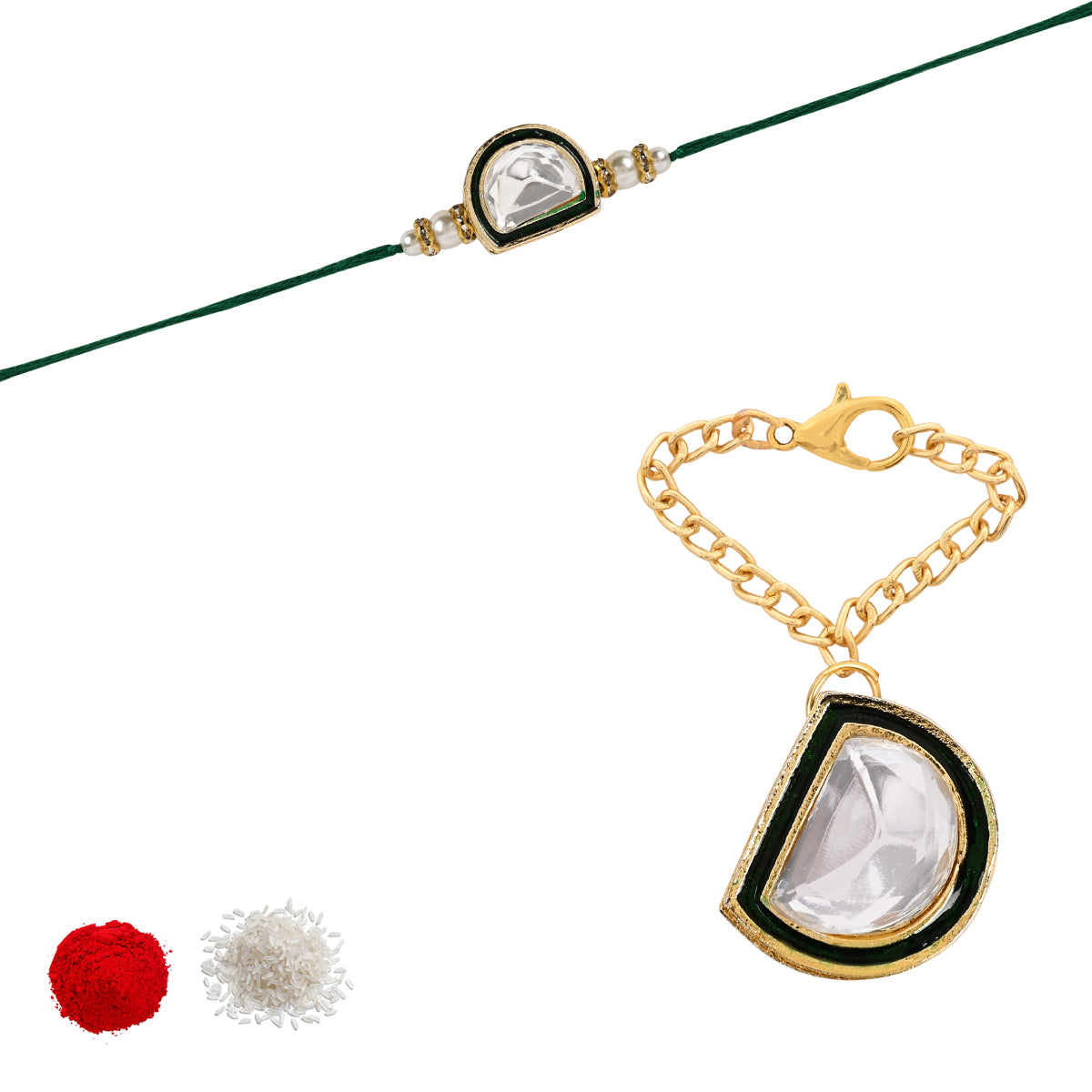 Green Pearl & Kundan Rakhi & Watch Charm Lumba (Watch Accesories) Combo With Roli Chawal & Rakshabandhan Card