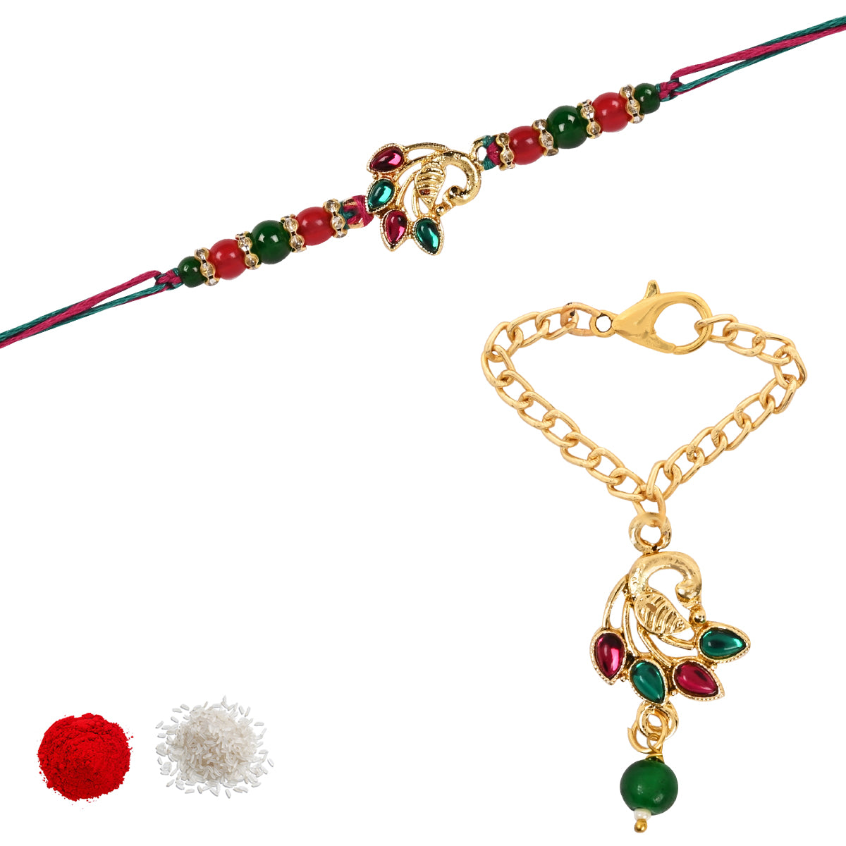 Pearl & Kundan Rakhi & Watch Charm Lumba (Watch Accesories) Combo With Roli Chawal & Rakshabandhan Card