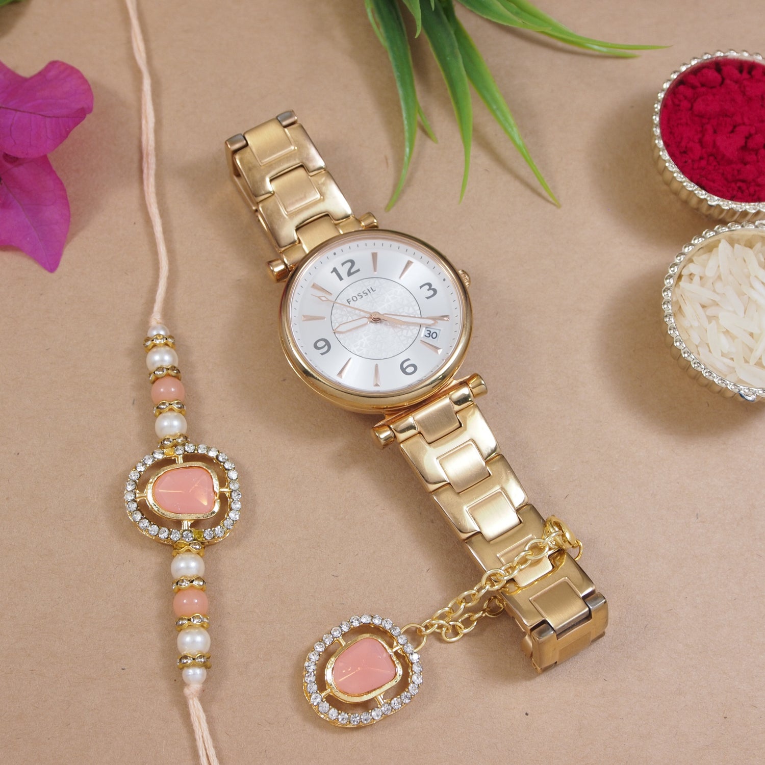 Peach Pearl & Kundan Rakhi & Watch Charm Lumba (Watch Accesories) Combo With Roli Chawal & Rakshabandhan Card