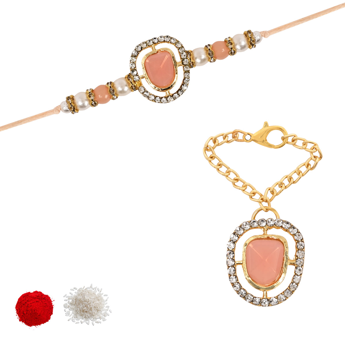 Peach Pearl & Kundan Rakhi & Watch Charm Lumba (Watch Accesories) Combo With Roli Chawal & Rakshabandhan Card