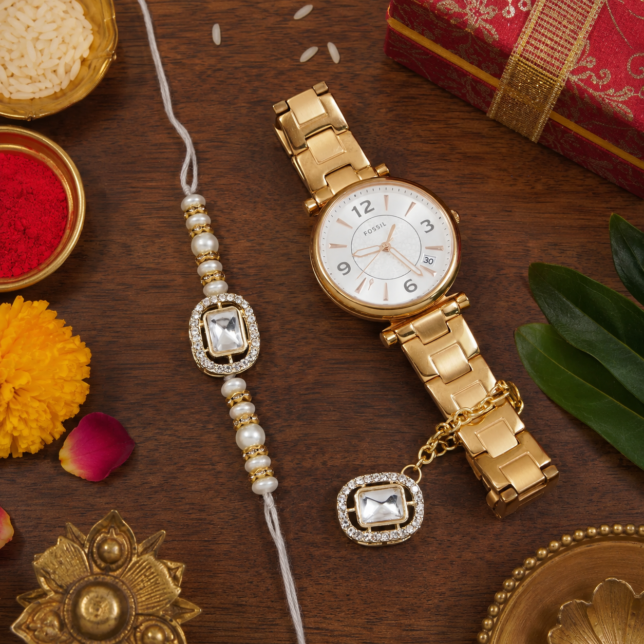 White Pearl & Kundan Rakhi & Watch Charm Lumba (Watch Accesories) Combo With Roli Chawal & Rakshabandhan Card