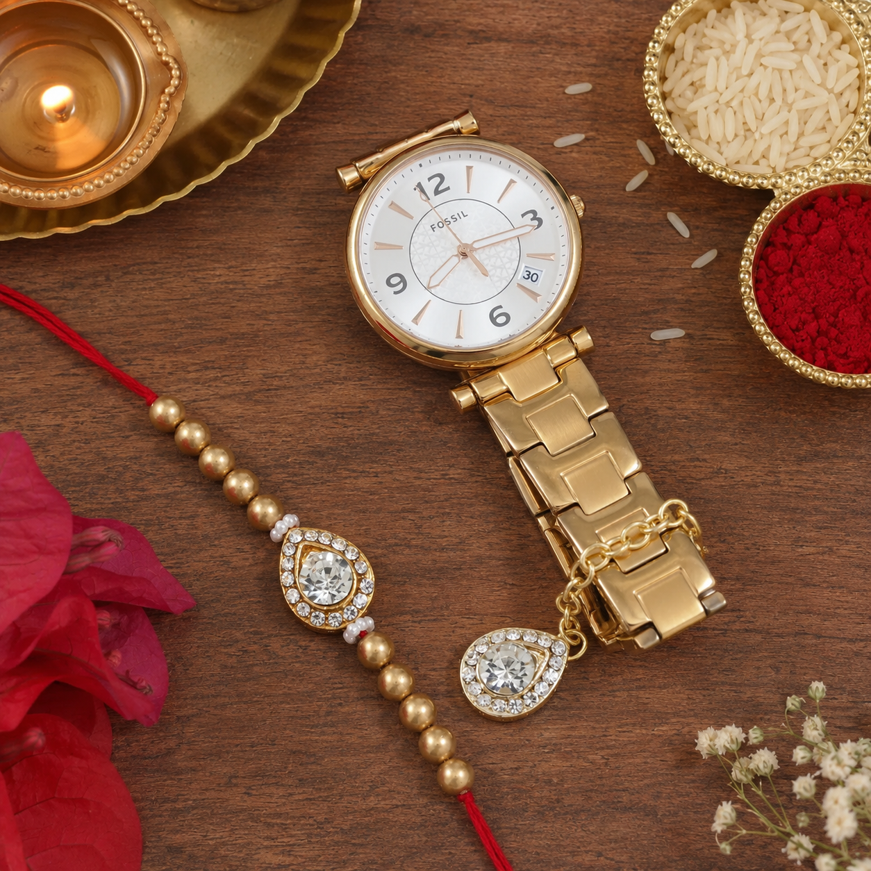 White Pearl & Kundan Rakhi & Watch Charm Lumba (Watch Accesories) Combo With Roli Chawal & Rakshabandhan Card