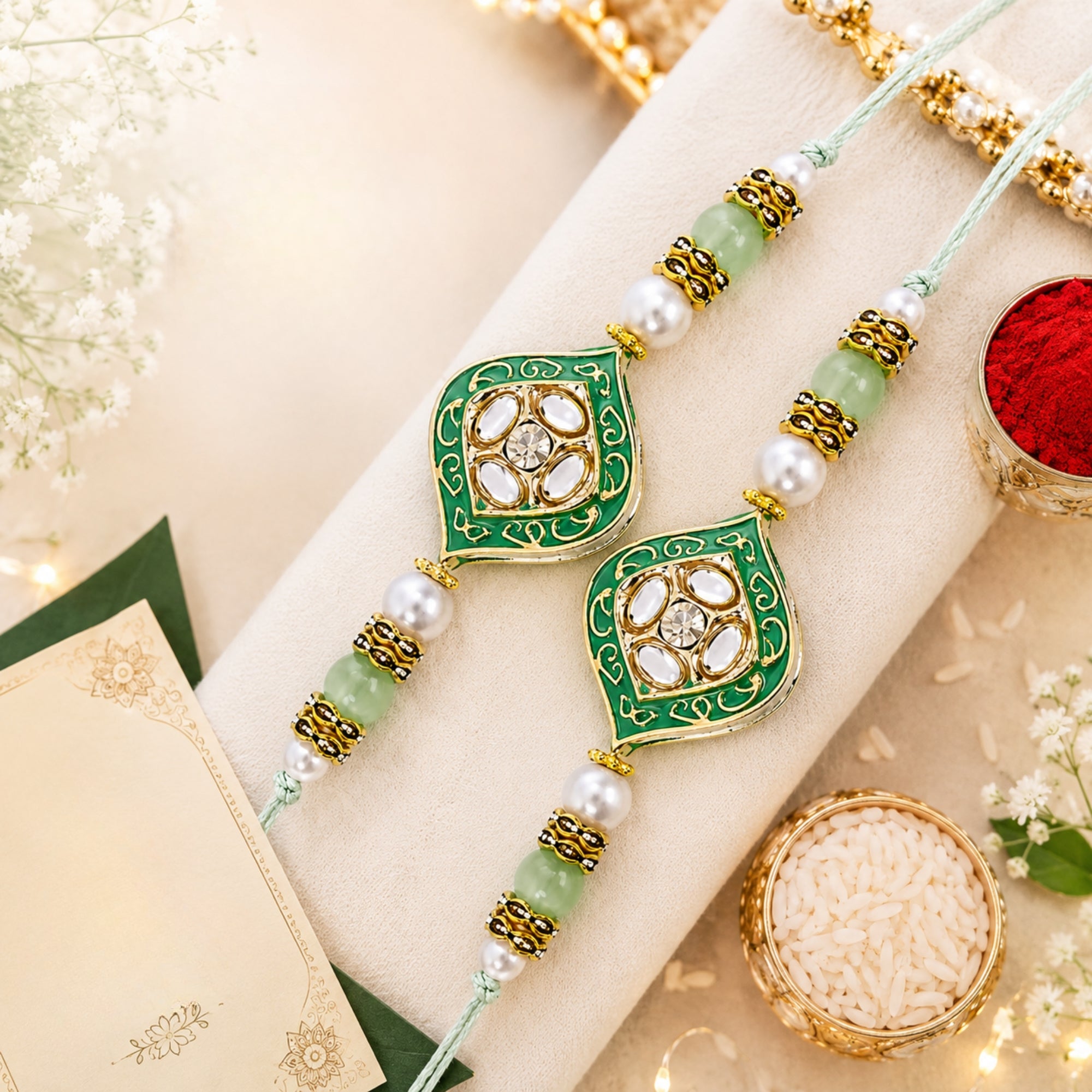 Delicate Pearl Beads Mint Rakhi with Roli Chawal & Rakshabandhan Card (Pack of 2)