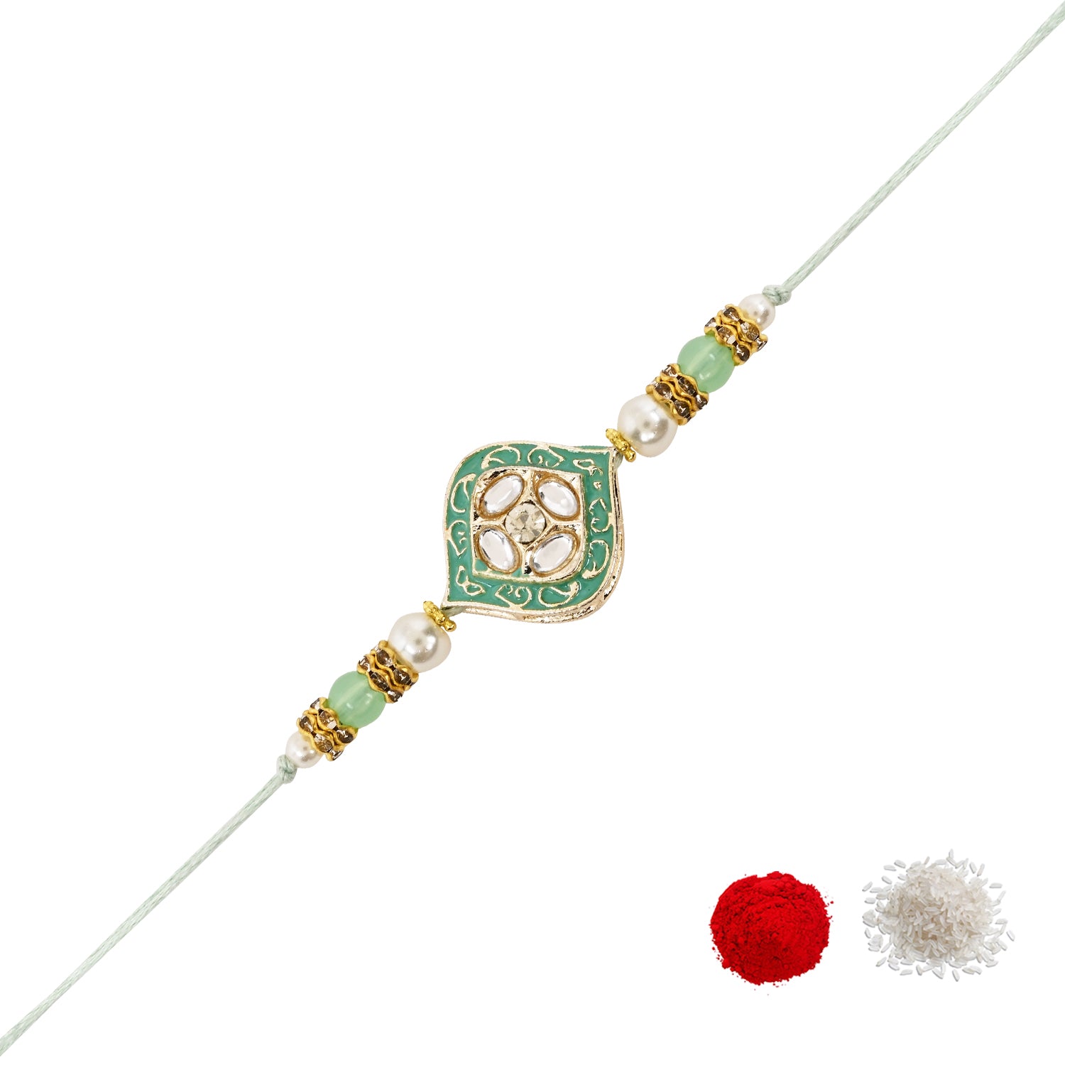 Delicate Pearl Beads Mint Rakhi with Roli Chawal & Rakshabandhan Card