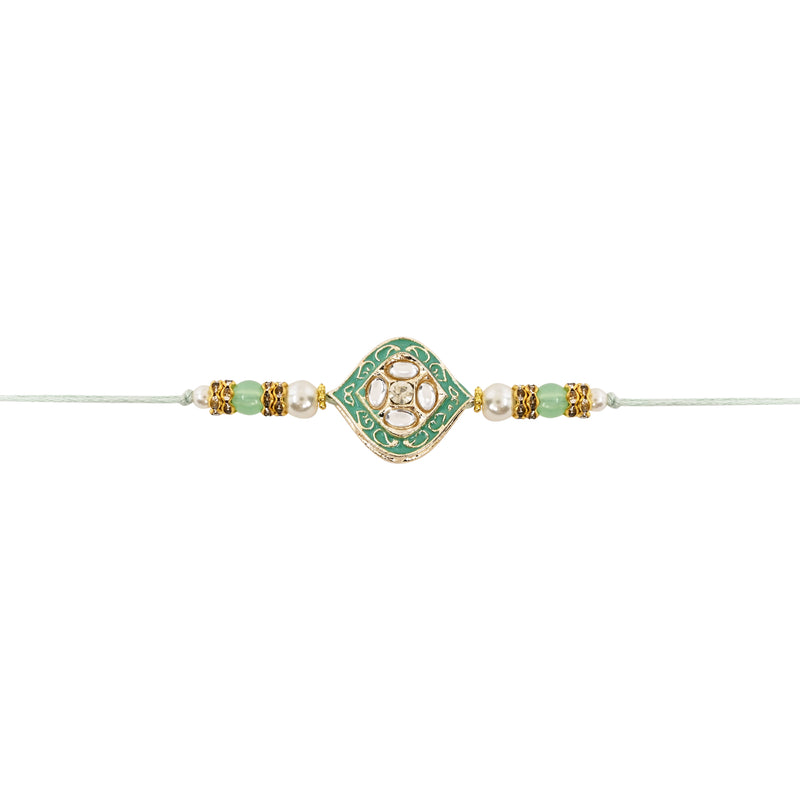 Delicate Pearl Beads Mint Rakhi with Roli Chawal & Rakshabandhan Card