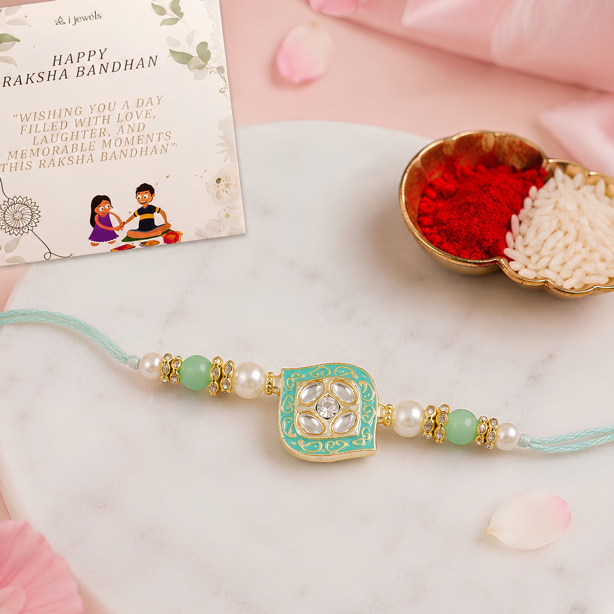 Delicate Pearl Beads Mint Rakhi with Roli Chawal & Rakshabandhan Card