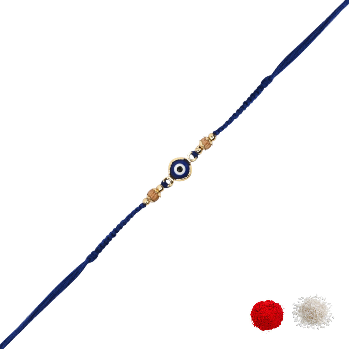 Delicate Blue Enamel Evil Eye Rakhi with Roli Chawal & Rakshabandhan Card