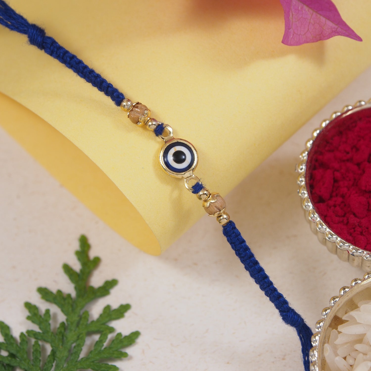 Delicate Blue Enamel Evil Eye Rakhi with Roli Chawal & Rakshabandhan Card