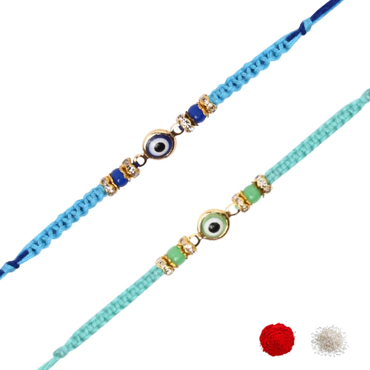 Minimalist Evil Eye Rakhis With Roli Chawal & Rakshabandhan Card (Pack of 2)