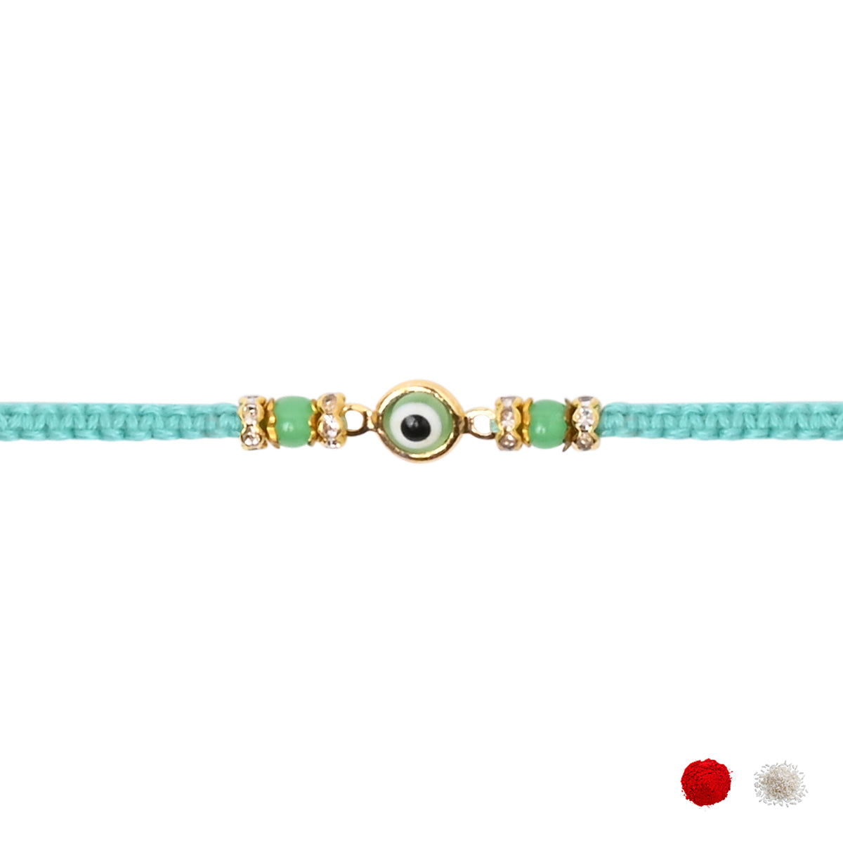 Delicate Mint Enamel Evil Eye Rakhi with Roli Chawal & Rakshabandhan Card