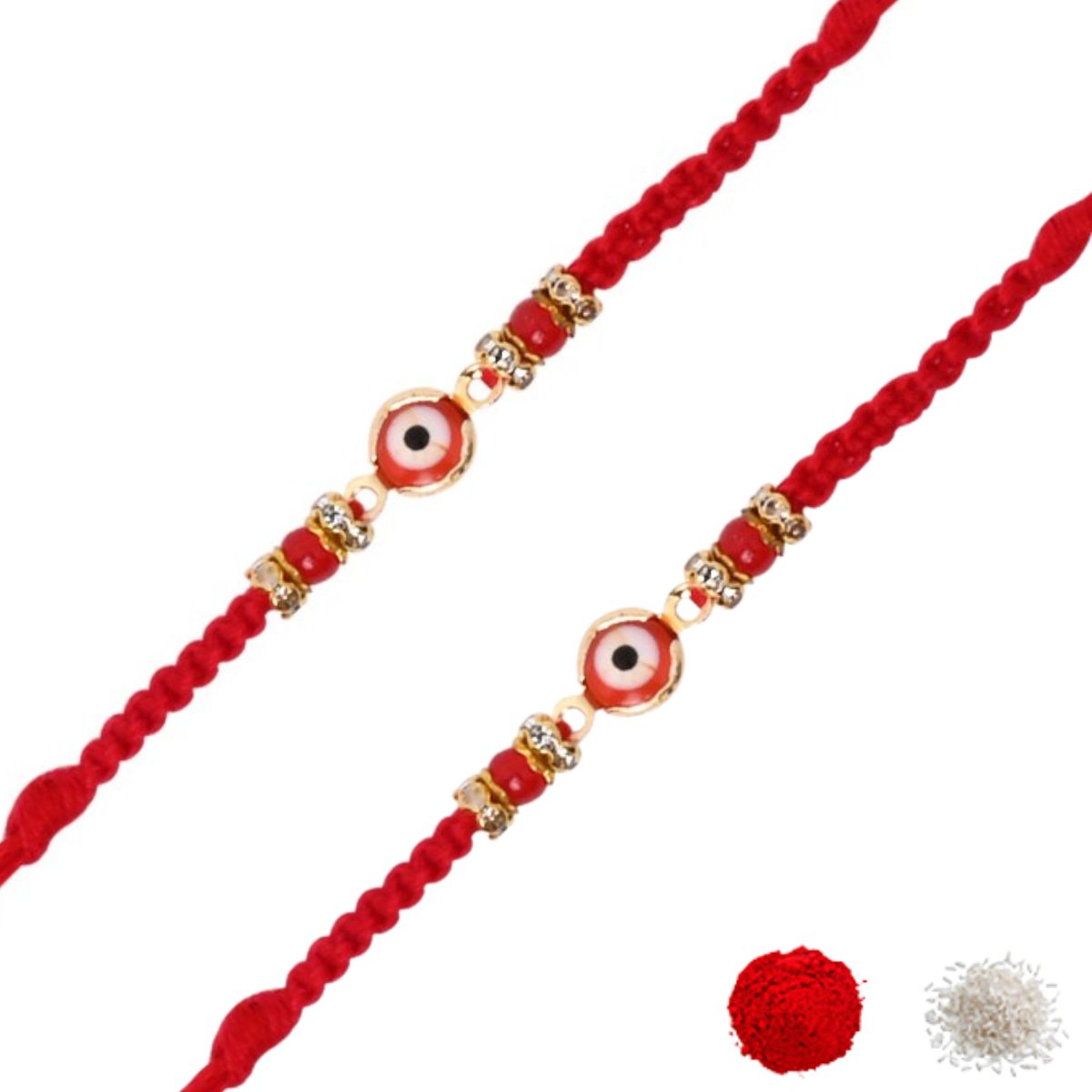 Minimalist Evil Eye Rakhis With Roli Chawal & Rakshabandhan Card (Pack of 2)