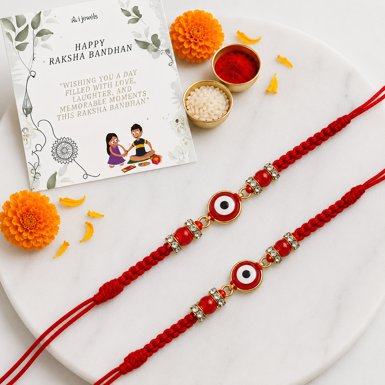 Minimalist Evil Eye Rakhis With Roli Chawal & Rakshabandhan Card (Pack of 2)