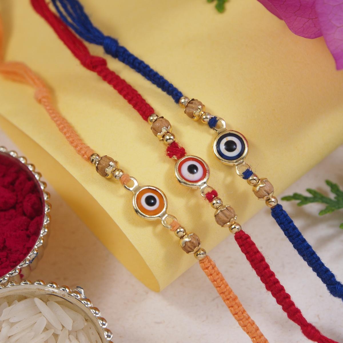 Designer Enamel Evil Eye Rakhi with Roli Chawal & Rakshabandhan Card