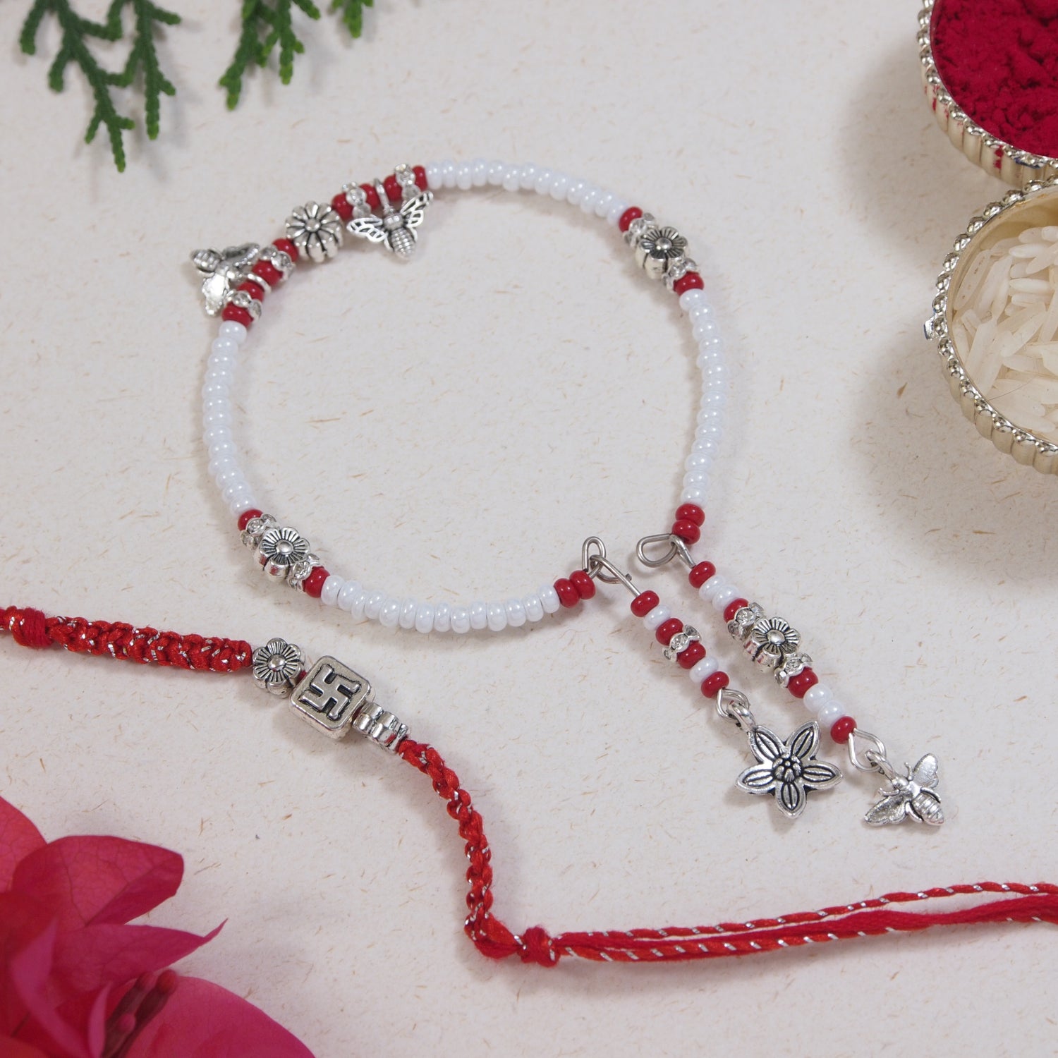 Elegant Bhaiya Bhabhi Red Pearl Lumba Bracelet & Rakhi With Roli Chawal & Card