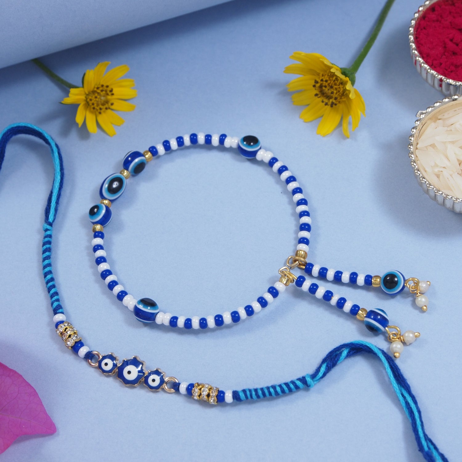 Elegant Bhaiya Bhabhi Blue Pearl Lumba Bracelet & Rakhi With Roli Chawal & Card