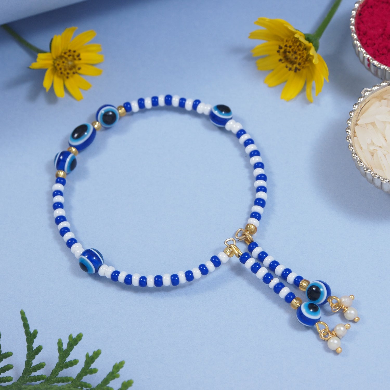 Elegantly Crafted Blue Evil Eye Pearl Adjustable Lumba Bracelet