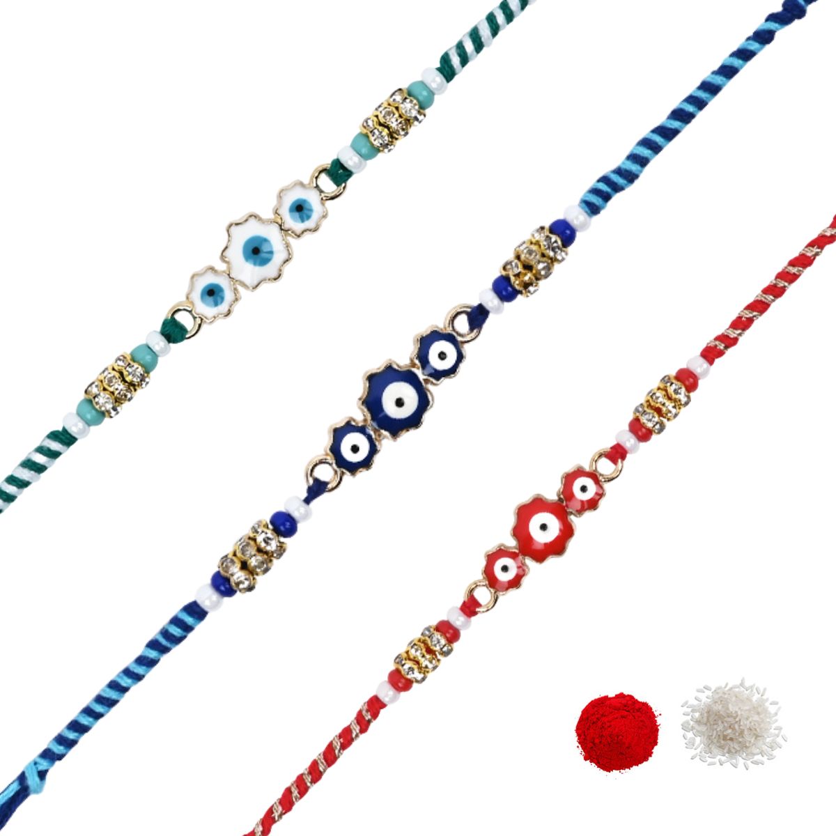 Designer Enamel Evil Eye Rakhi with Roli Chawal & Rakshabandhan Card