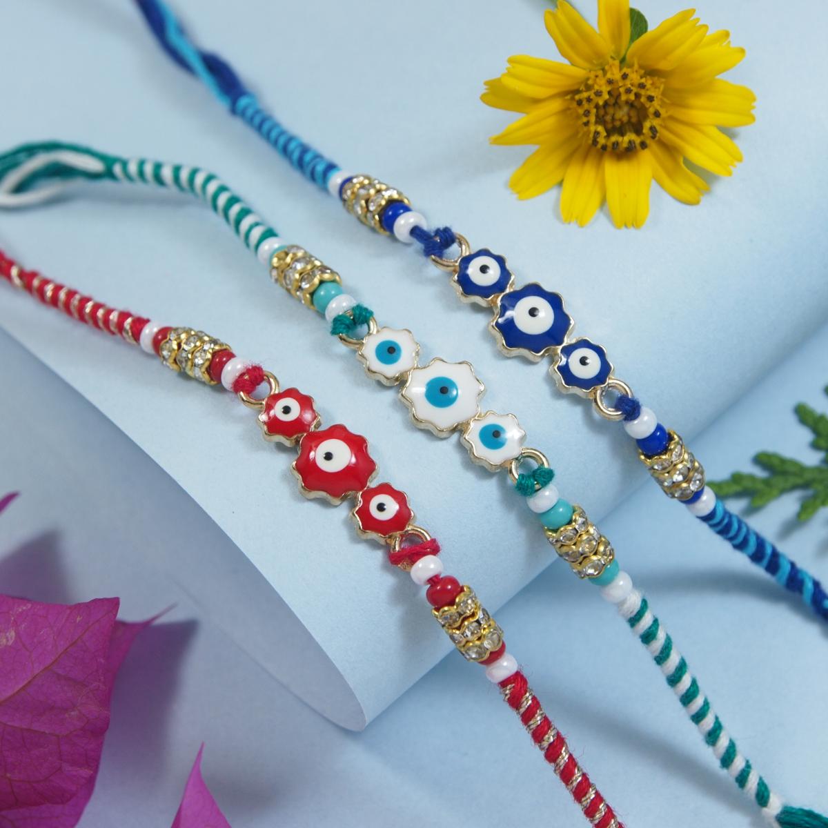 Designer Enamel Evil Eye Rakhi with Roli Chawal & Rakshabandhan Card