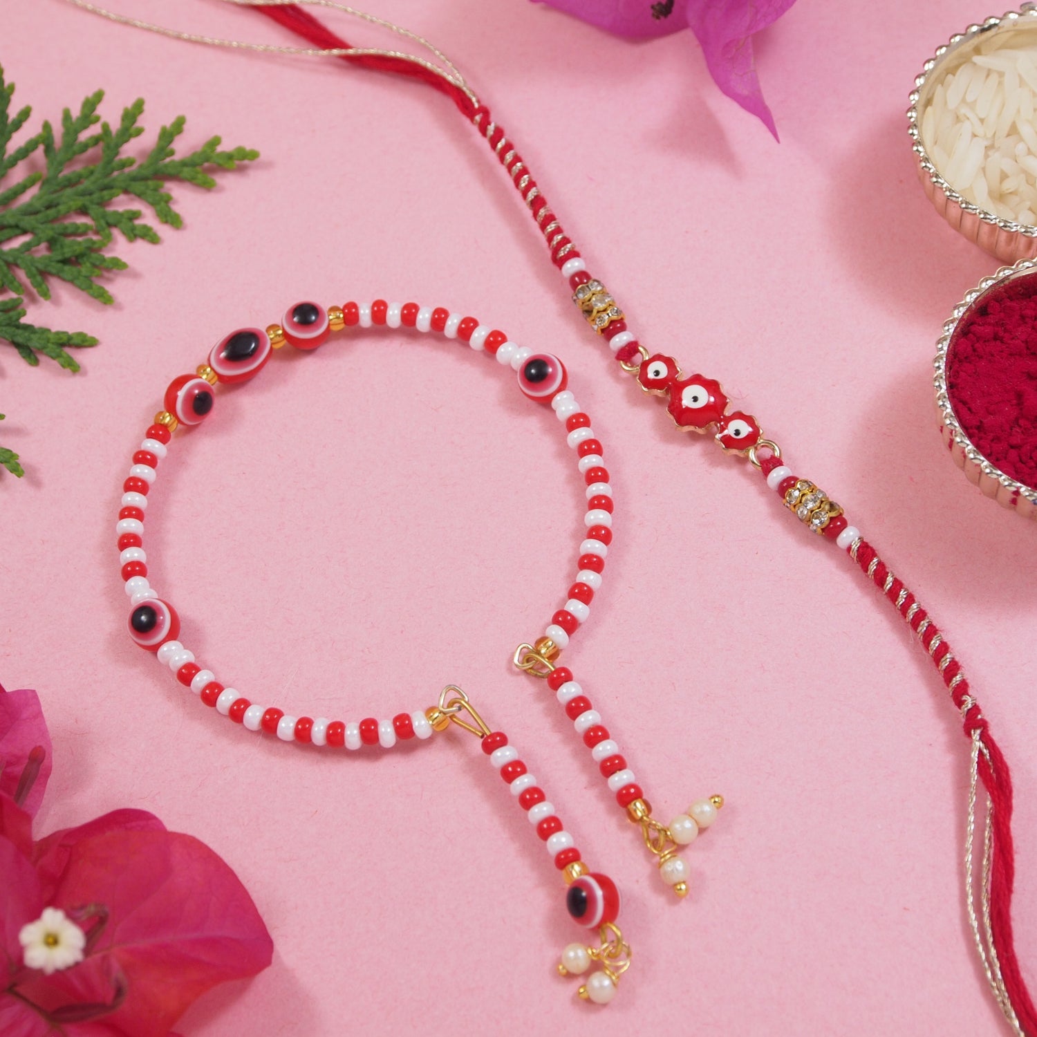 Elegant Bhaiya Bhabhi Red Pearl Lumba Bracelet & Rakhi With Roli Chawal & Card