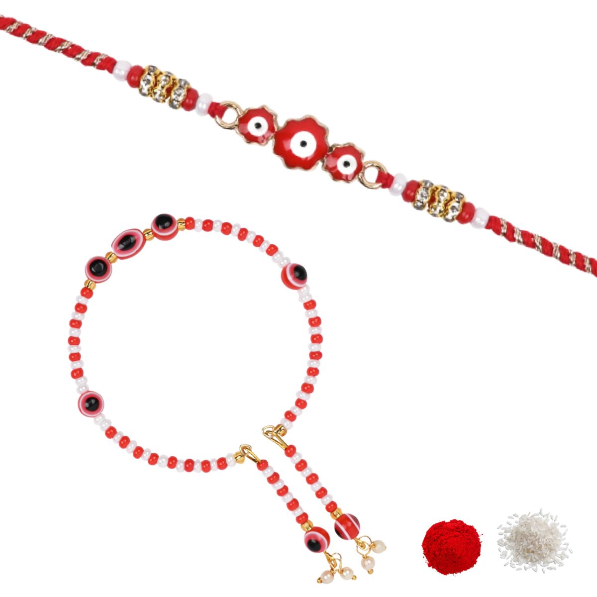 Elegant Bhaiya Bhabhi Red Pearl Lumba Bracelet & Rakhi With Roli Chawal & Card
