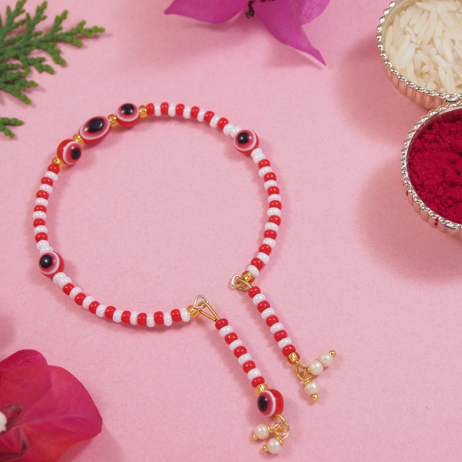 Elegantly Crafted Red Evil Eye Pearl Adjustable Lumba Bracelet