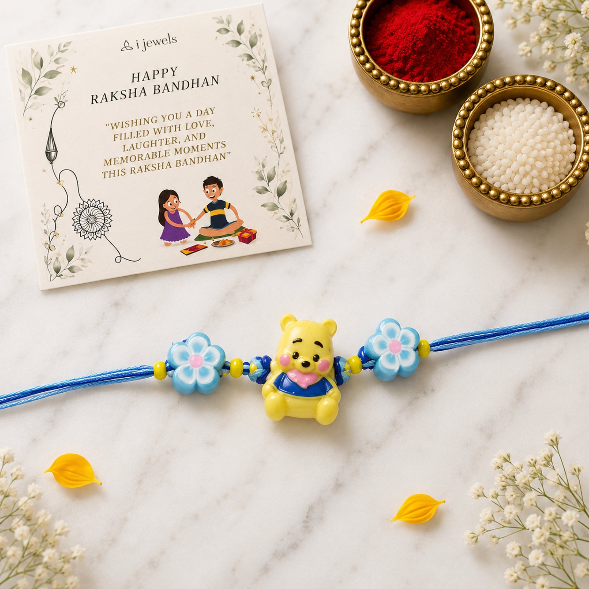 Cute Teddy Bear Rakhi with Roli Chawal & Rakshabandhan Card