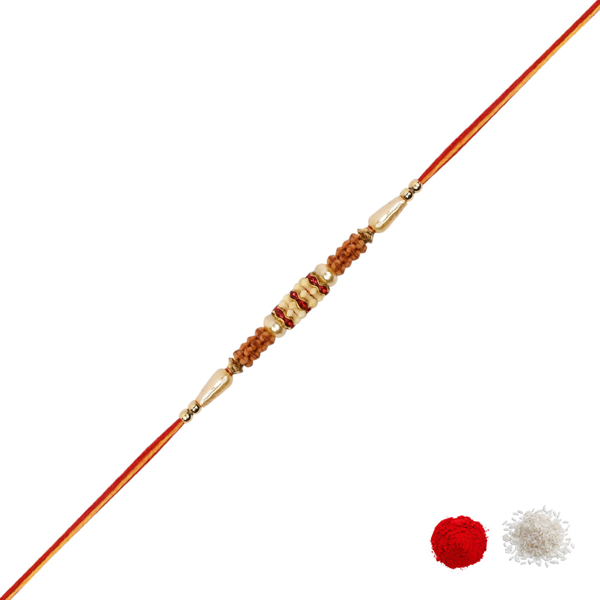 DELICATE PEARL BEADED MAROON RAKHI WITH ROLI CHAWAL & RAKSHABANDHAN CARD