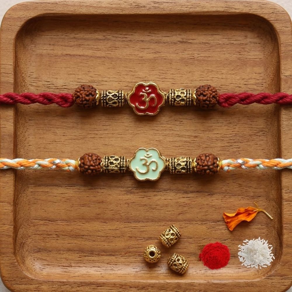 Designer Enamel Om Rakhi with Roli Chawal & Rakshabandhan Card