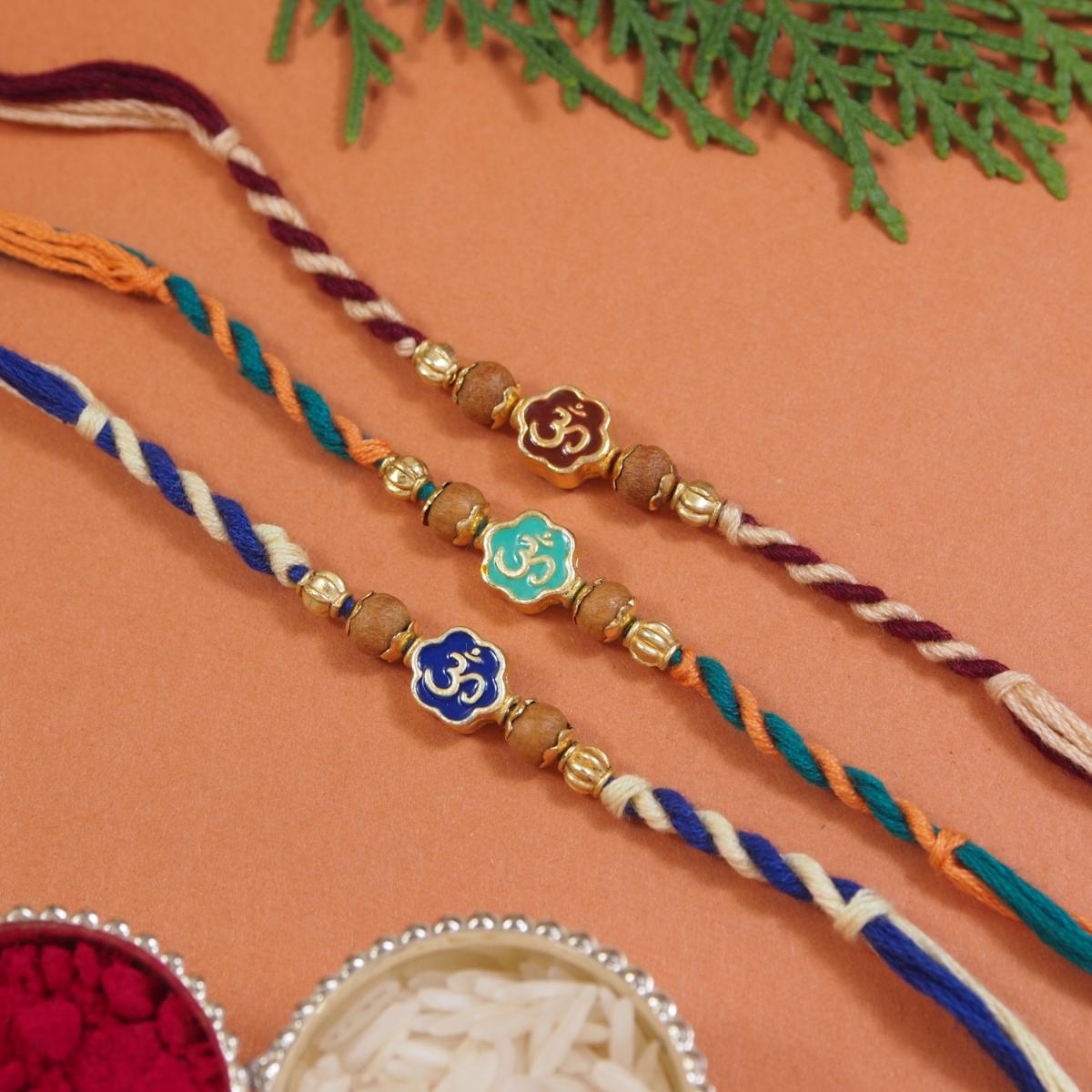 Designer Enamel Om Rakhi with Roli Chawal & Rakshabandhan Card
