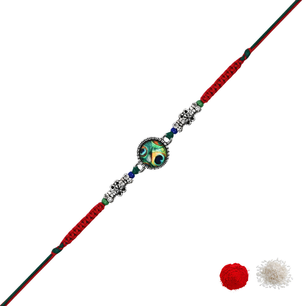 DELICATE PEARL BEADED Peacock RAKHI WITH ROLI CHAWAL & RAKSHABANDHAN CARD