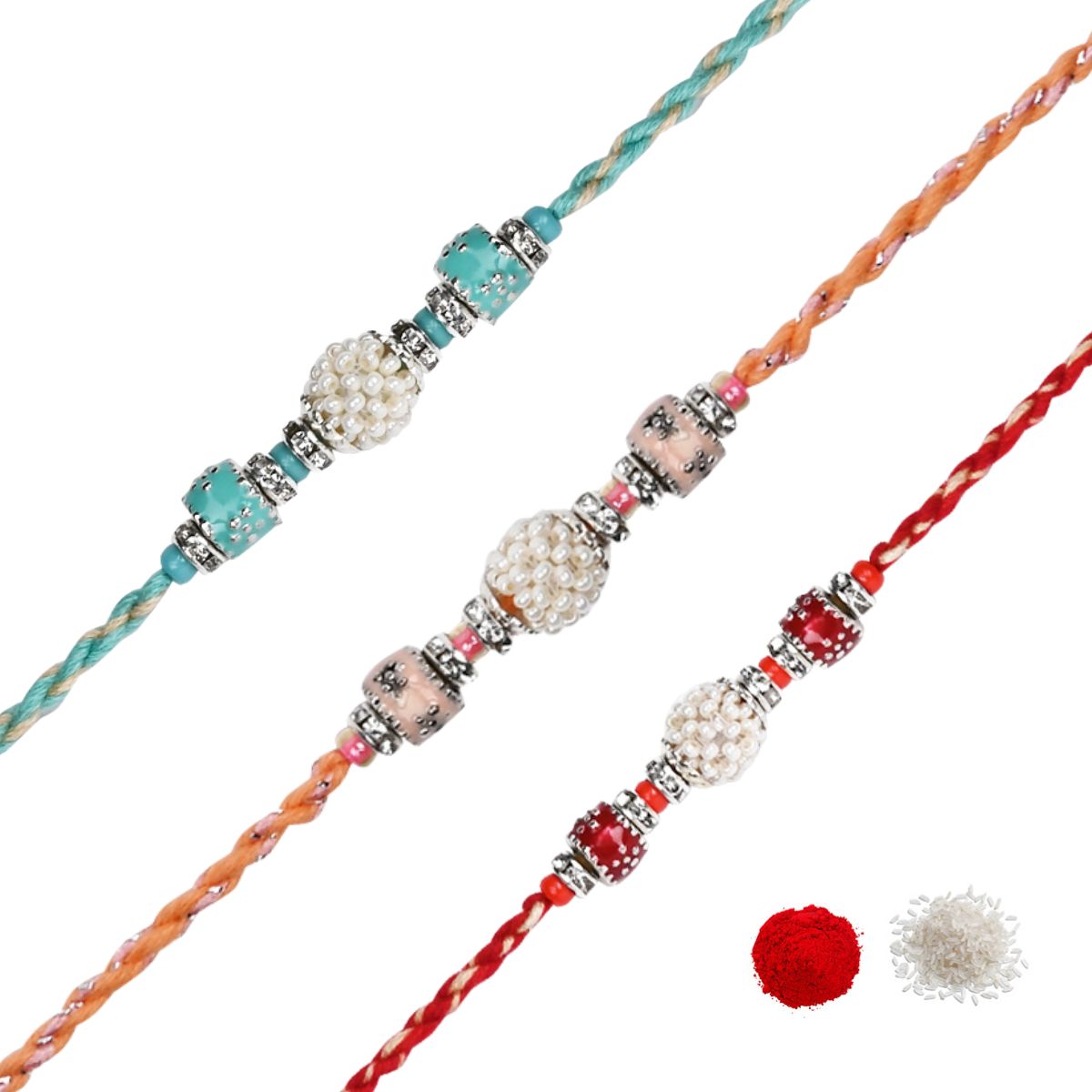 Designer Pearl Beaded Rakhi with Roli Chawal & Rakshabandhan Card
