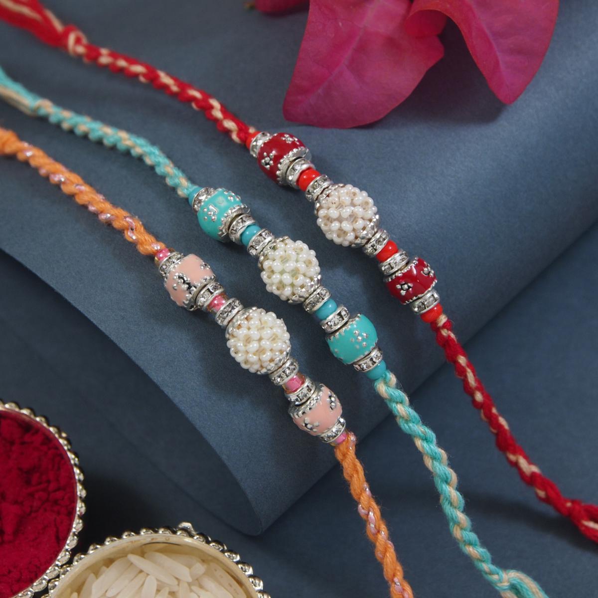 Designer Pearl Beaded Rakhi with Roli Chawal & Rakshabandhan Card