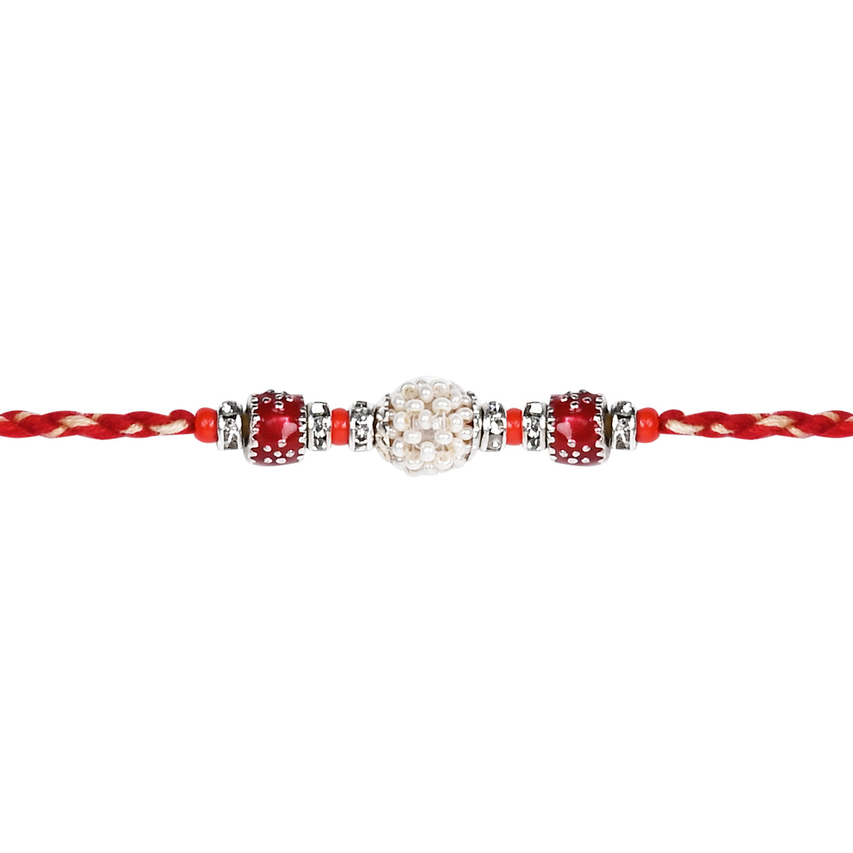 DELICATE PEARL BEADED Red RAKHI WITH ROLI CHAWAL & RAKSHABANDHAN CARD