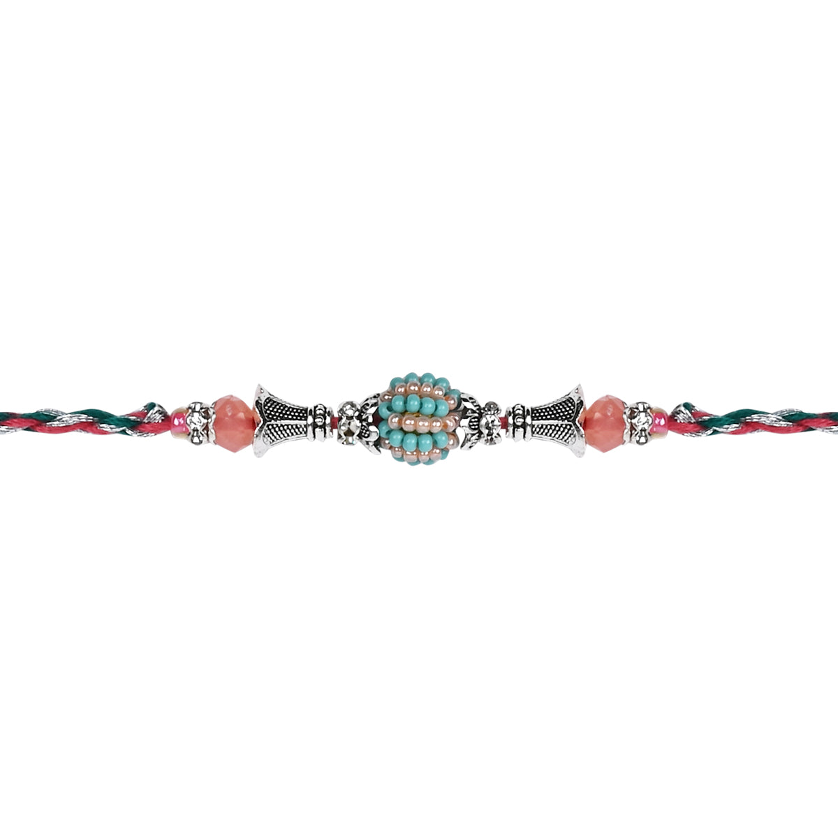 DELICATE PEARL BEADED Mint RAKHI WITH ROLI CHAWAL & RAKSHABANDHAN CARD