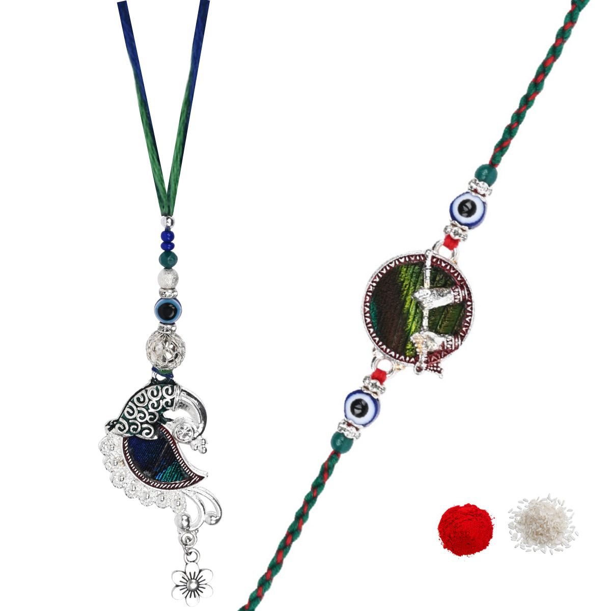 Elegant Bhaiya Bhabhi Peacock Feather Lumba Bracelet & Rakhi With Roli Chawal & Card