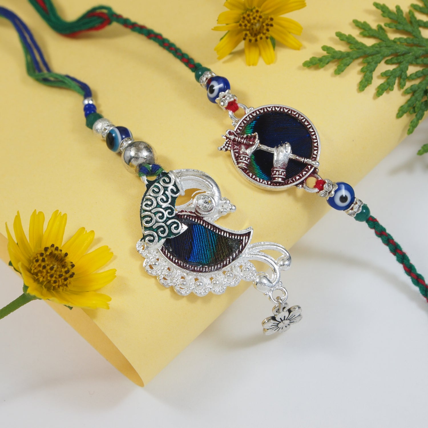 Elegant Bhaiya Bhabhi Peacock Feather Lumba Bracelet & Rakhi With Roli Chawal & Card