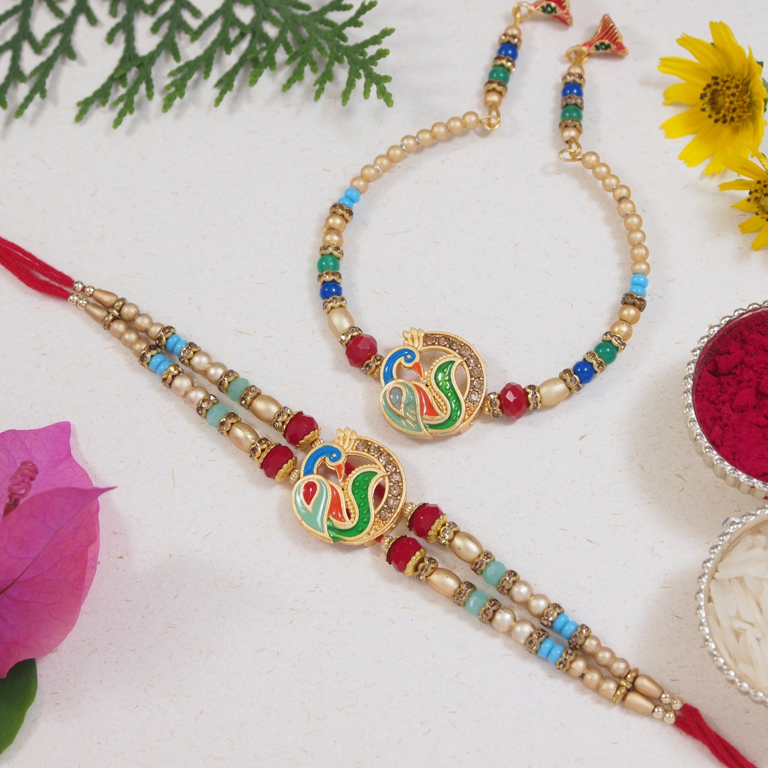 Elegant Bhaiya Bhabhi Peacock Feather Lumba Bracelet & Rakhi With Roli Chawal & Card