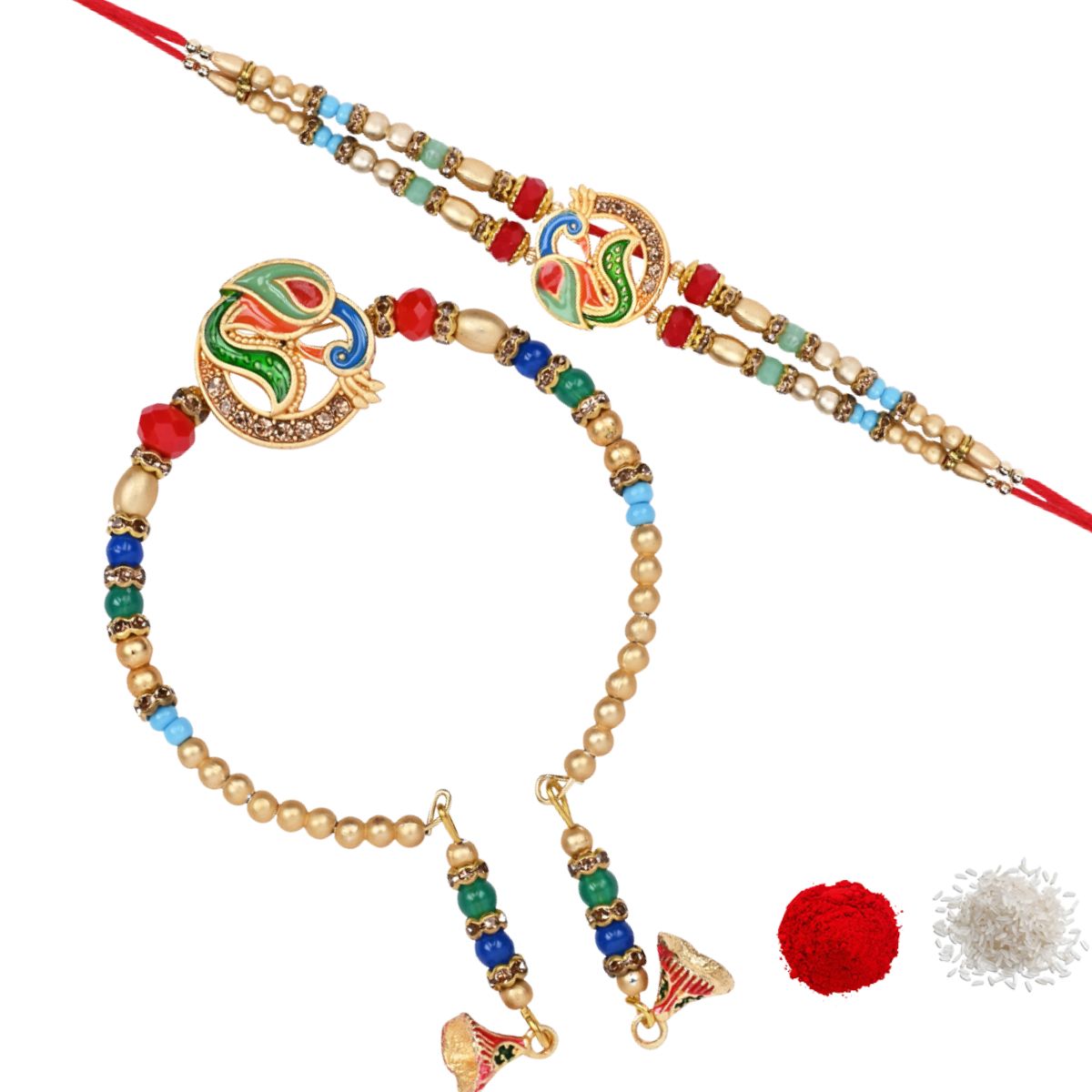 Elegant Bhaiya Bhabhi Peacock Feather Lumba Bracelet & Rakhi With Roli Chawal & Card
