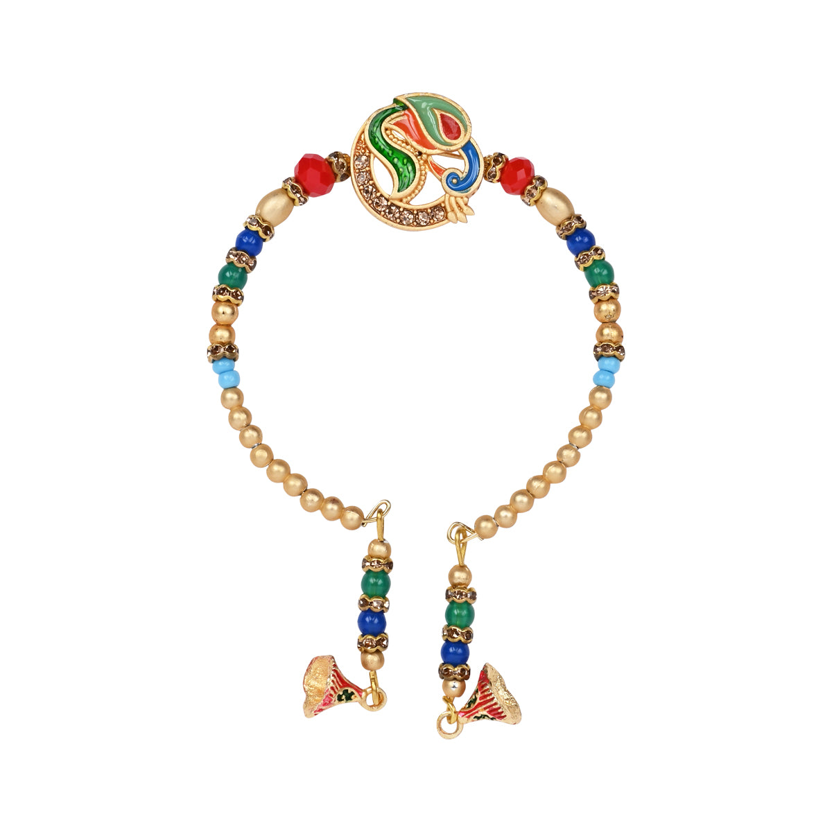 Elegant Bhaiya Bhabhi Peacock Feather Lumba Bracelet & Rakhi With Roli Chawal & Card