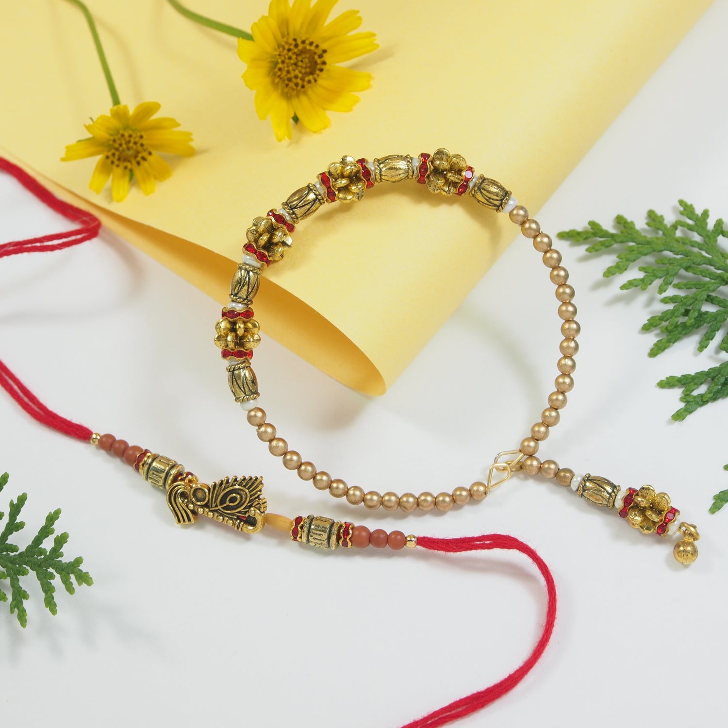 Elegant Bhaiya Bhabhi Pearl Lumba Bracelet & Rakhi With Roli Chawal & Card