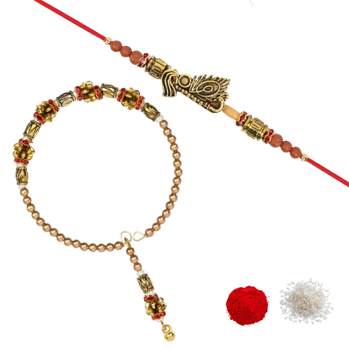 Elegant Bhaiya Bhabhi Pearl Lumba Bracelet & Rakhi With Roli Chawal & Card