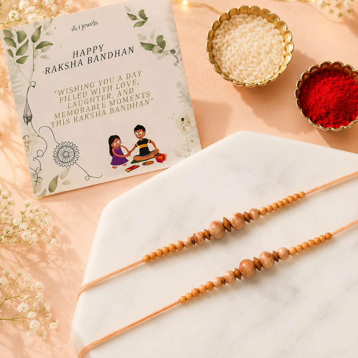 Simple Beaded Rakhi Combo for Bhai - Pack of 2 with Roli chawal and Card