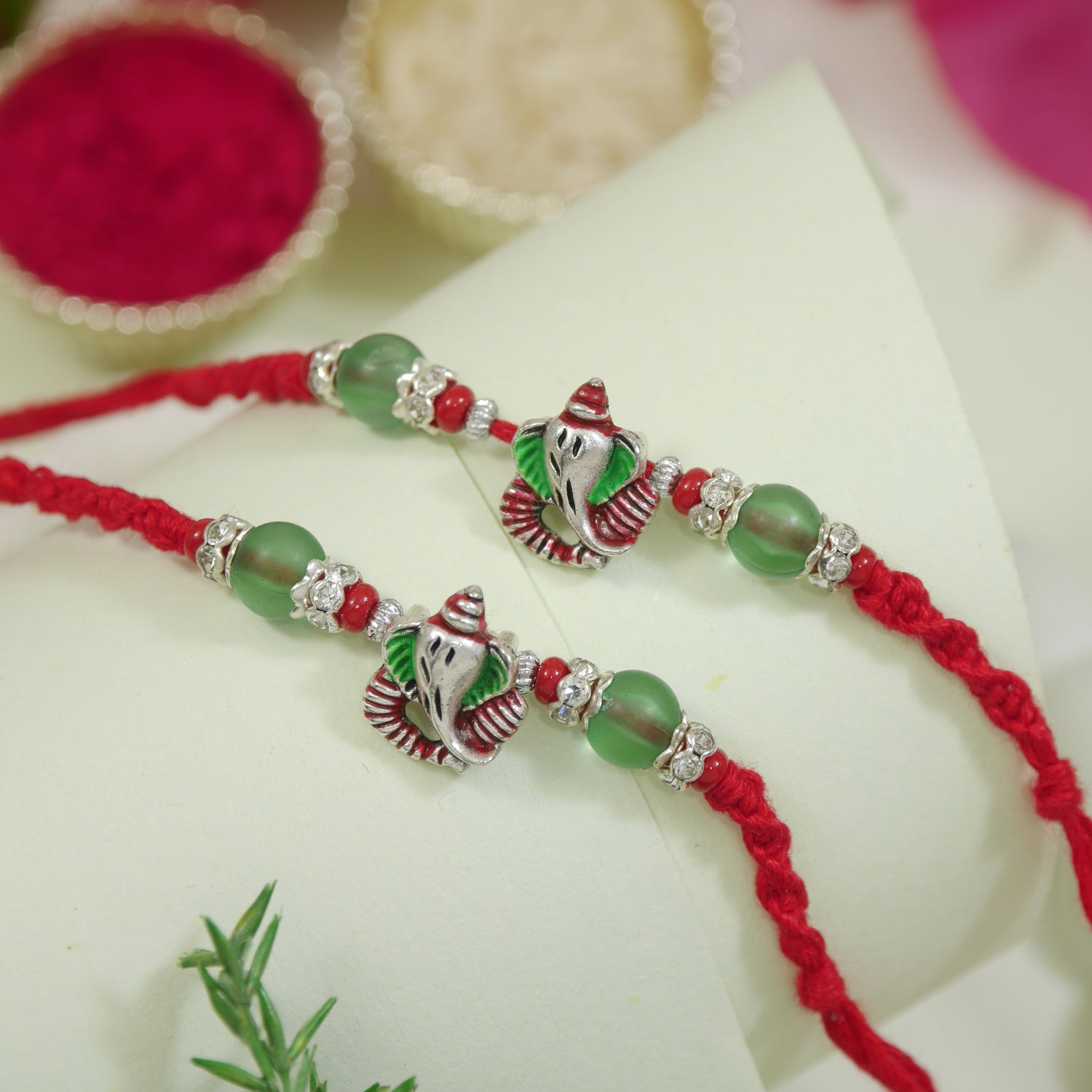 Ganesha Enamel Rakhi With Roli Chawal & Rakshabandhan Card